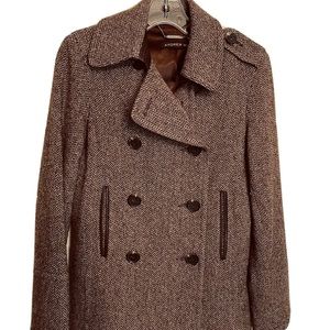 Andrew Marc Jacket Pea Coat Herringbone Wool Brown Lined  Leather Trim Sz 4